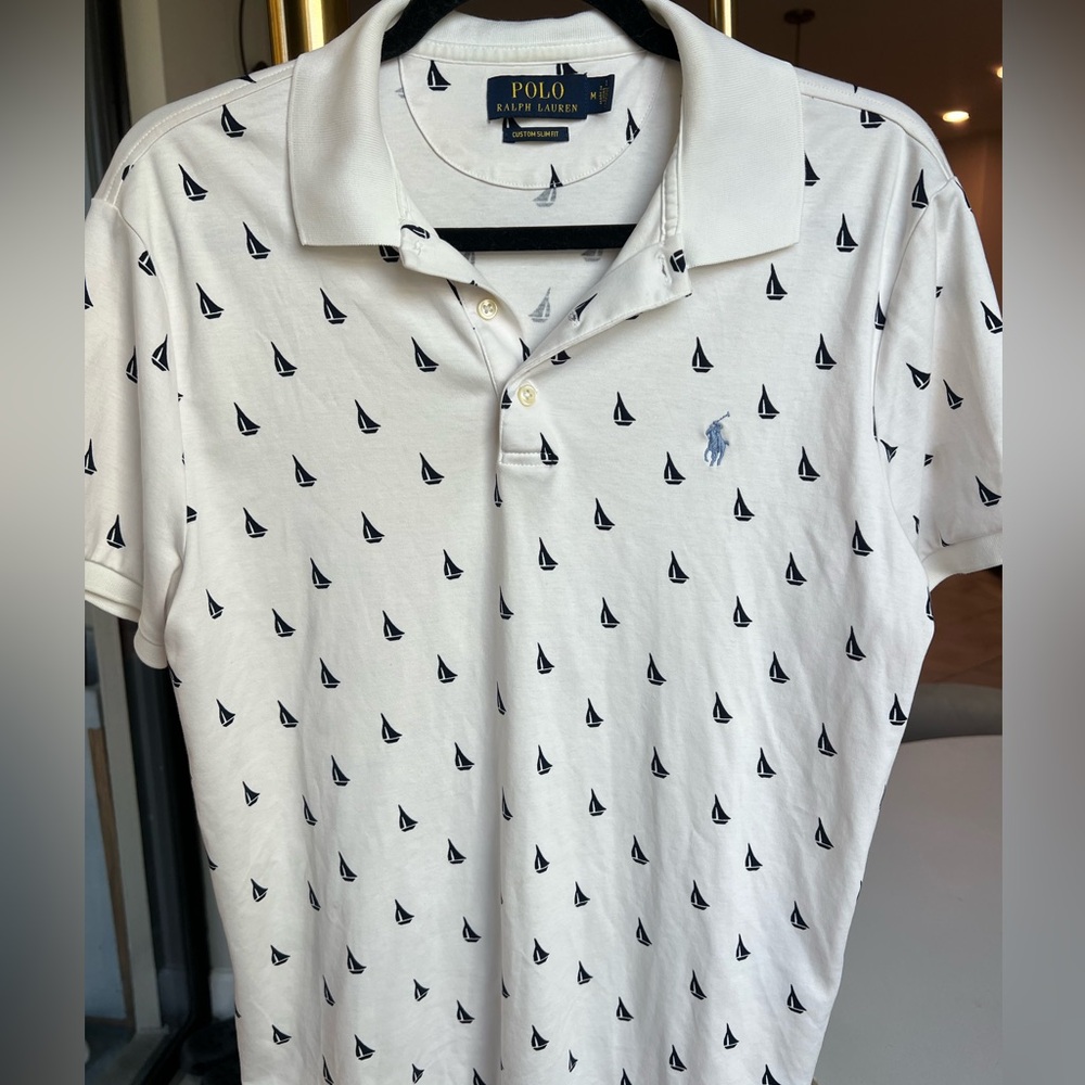 Rare Ralph Lauren White Polo with Navy Sailboat Pattern